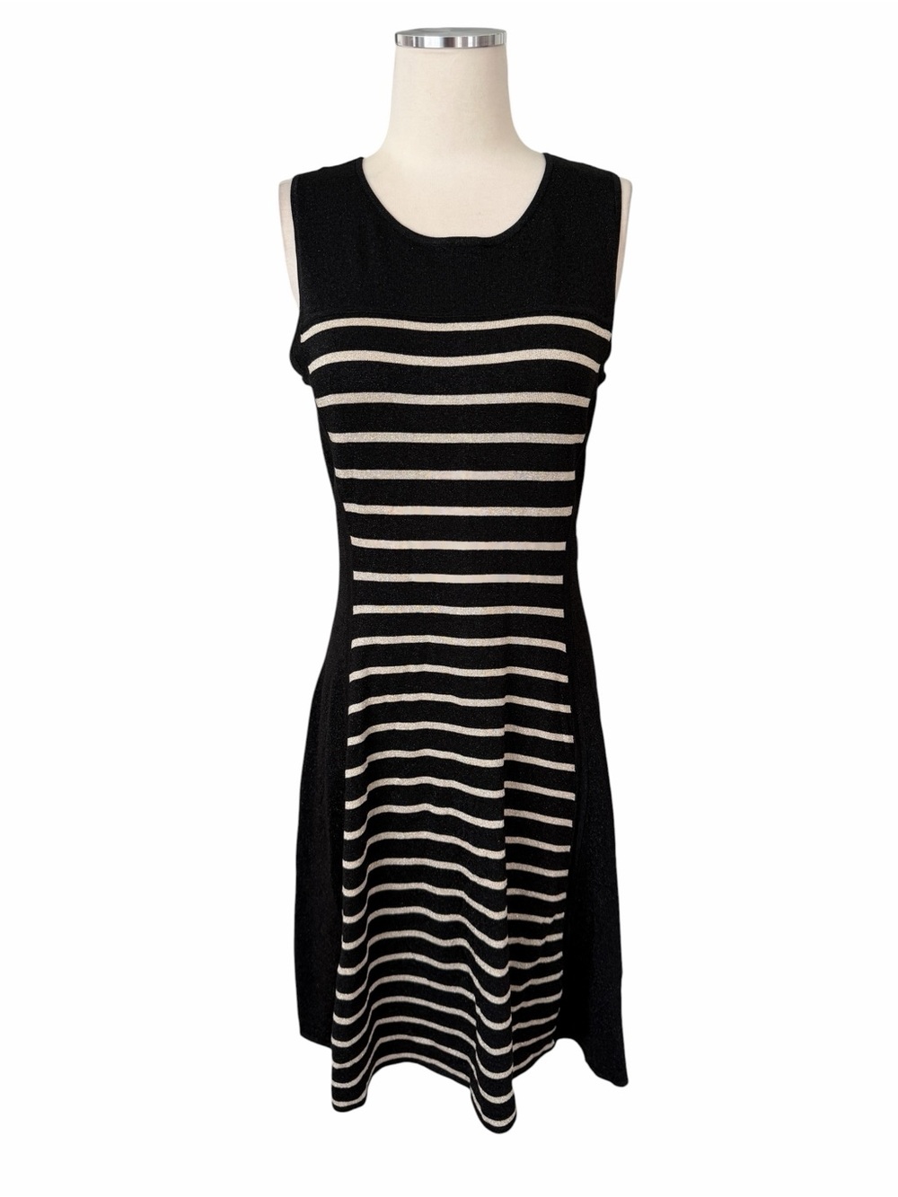 NWT ($235) J. McLaughlin Emilie Sleeveless Black & Gold Striped Knit Dress Sz M